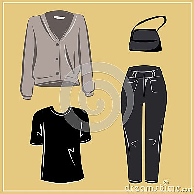 Clothes and bags. Coats and dresses, skirts and blouses, trousers and jeans, backpack and briefcase, handbags. Fashion. The basic Vector Illustration